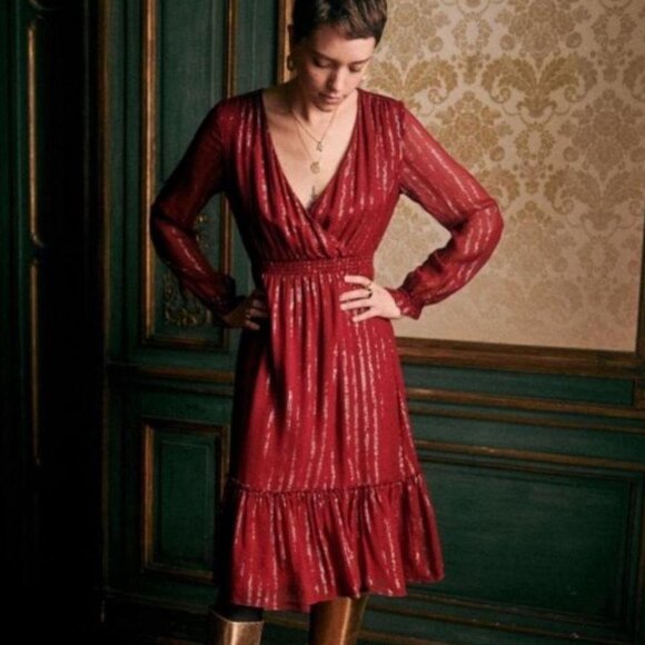 Sezane Dresses & Skirts - Sezane Size 38 (US 6) Titiane Dress Burgundy Red and Gold